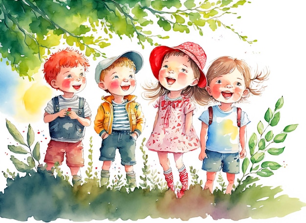 Photo happy children walking in the park watercolor illustration