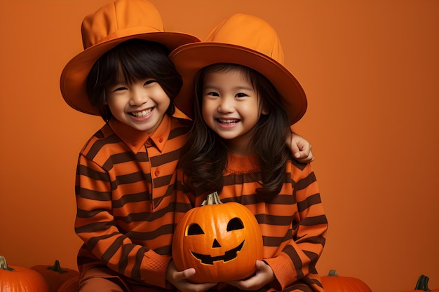 Happy children wearing Halloween costumes and hold a pumpkin in the party studio shot