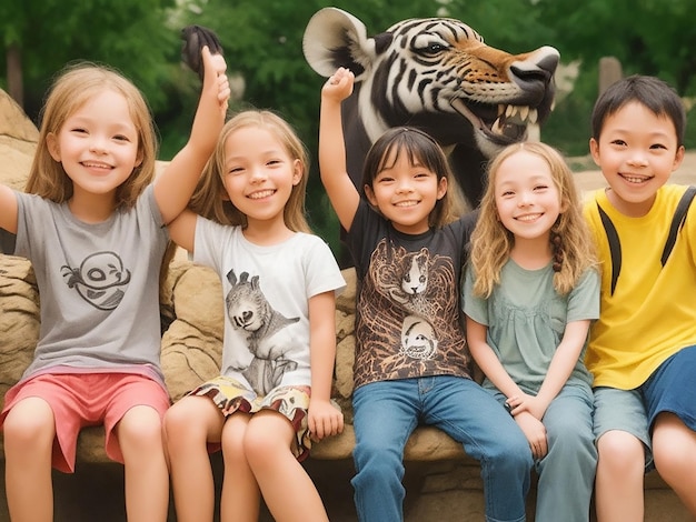 Ai が生成した動物園の幸せな子供たちと野生の背景の壁紙