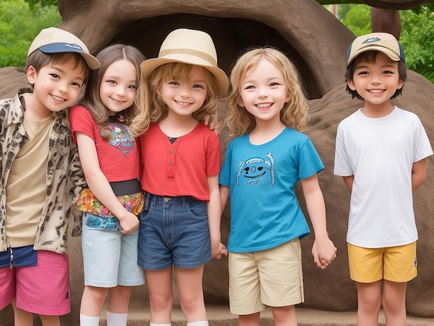 Счастливые дети и дикие фоновые обои в зоопарке, созданные Ai