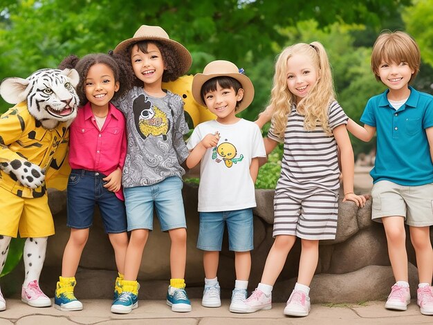 Photo happy children and wilds background wallpapers at the zoo ai generated