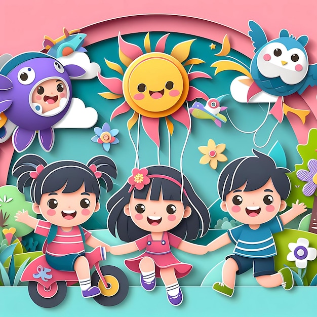 Photo happy childrens day for children celebration illustration childrens day paper art