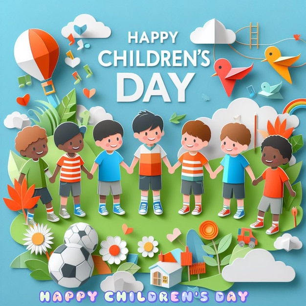 Photo happy childrens day for children celebration illustration childrens day paper craft unity