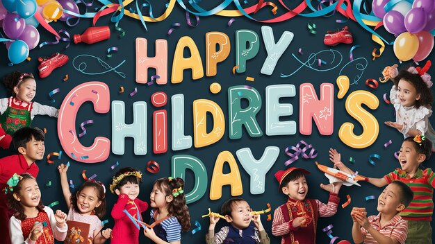 Photo happy childrens day illustration with creative text