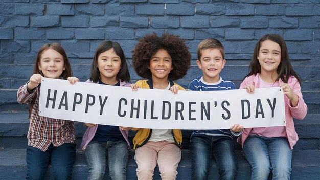 Photo happy childrens day kids holding banner happy childrens day text generative ai