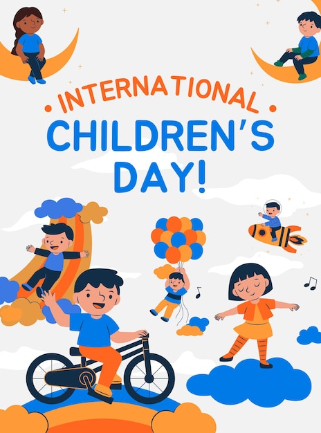 Happy Childrens Day Vector doodle cartoon kids planes ballons poster template