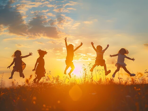 Photo happy childrens silhouettes at sunset happy family children jumping at sunset child care