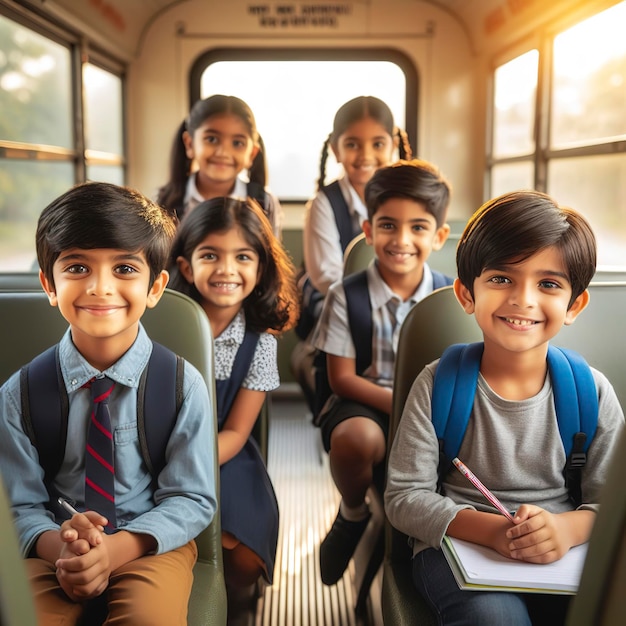 学校バスの中に座っている幸せな子供たち ⁇ 