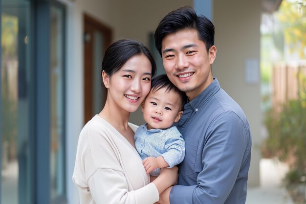 Foto famiglia cinese felice con il bambino davanti alla nuova casa concetto di affitto o mutuo