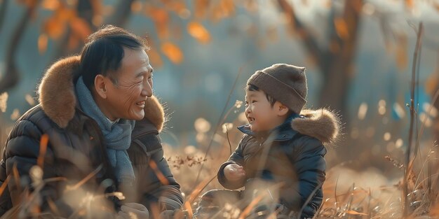 写真 happy chinese father and son playing on meadow