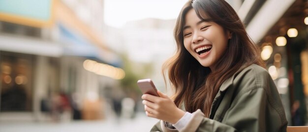 happy chinese girl using mobile phone outdoor