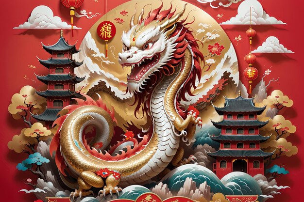 Happy chinese new year 2024 the dragon red frame background