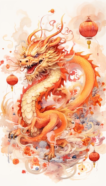 Photo happy chinese new year 2024 oriental dragon zodiac sign with flowers lanterns