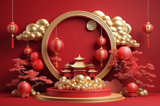 happy chinese new year asian theme product display podium gold ball and gold cloud on red background