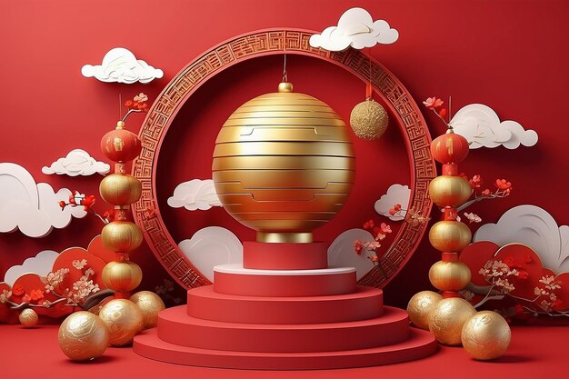 happy chinese new year asian theme product display podium gold ball and gold cloud on red background