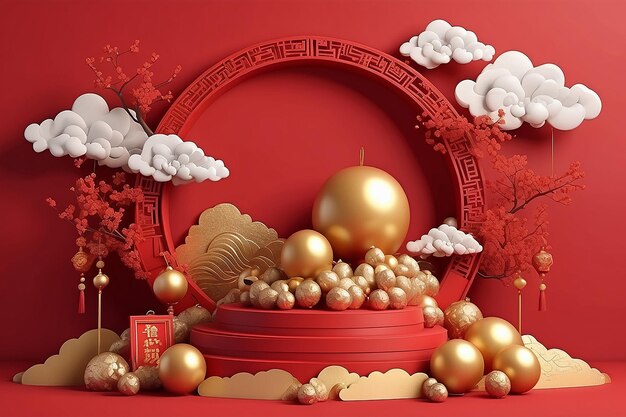 중국 신년 축하 아시아 테마 제품 디스플레이 포디움 황금 공과 황금 구름 빨간 배경