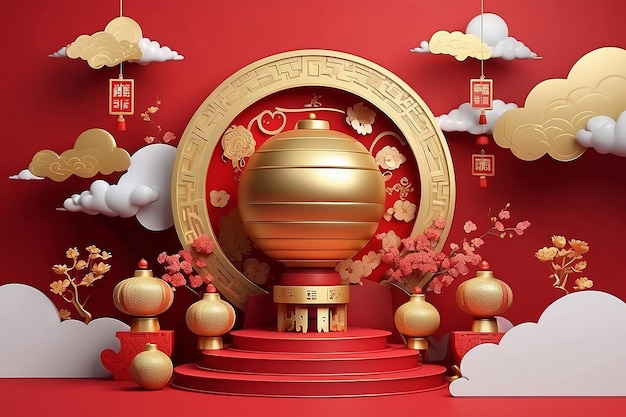 happy chinese new year asian theme product display podium gold ball and gold cloud on red background