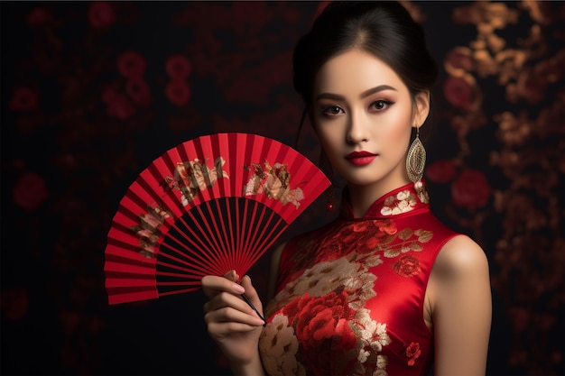 happy chinese new year asian woman wearing modern cheongsam dress holding a fan in hand