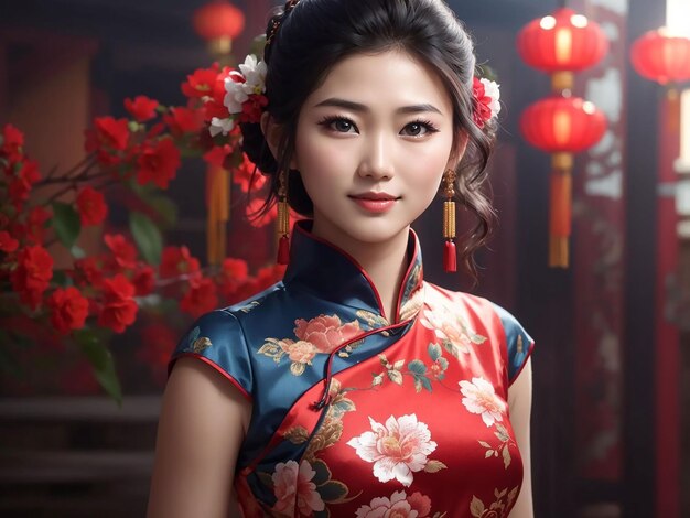 Happy chinese new year beautiful asian woman wearing traditional cheongsam qipao dress