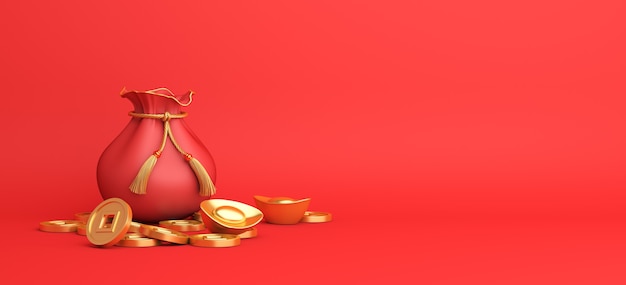 Happy chinese new year decoration with gold coins and money bag