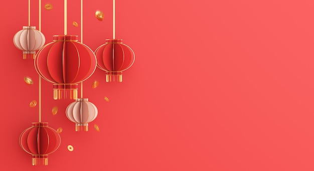 Happy Chinese new year decoration with lantern and gold coin