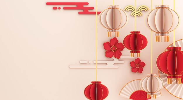 Happy chinese new year decoration with lantern umbrella hand fan flower