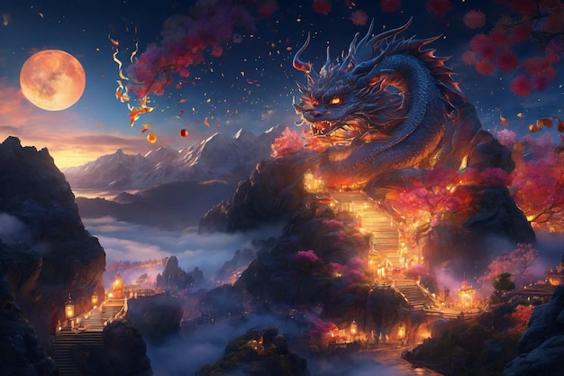 happy chinese new year festival landscape background with dragon