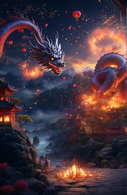 中国の新年おめでとう - ドラゴンの背景の風景