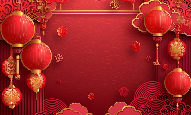 新年おめでとうございます金色の赤いリリーフ伝統的なランターンと螺旋状の雲中国の月の新年