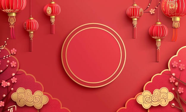 新年おめでとうございます金色の赤いリリーフ伝統的なランターンと螺旋状の雲中国の月の新年