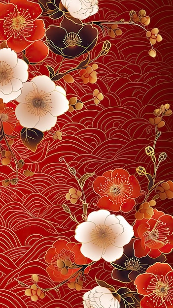 写真 中国新年おめでとうございます 豪華なスタイルのパターン 背景 オリエンタルサキュラ花 黄金のライン アート 赤い背景のテクスチャー aiが生成したイラスト