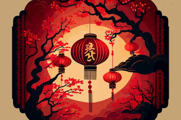 Happy Chinese New Year sakura flowers and traditional lantern on red background