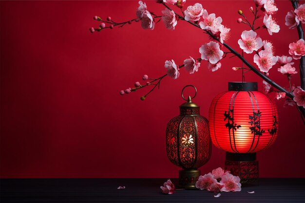 happy chinese new year sakura flowers and traditional lantern on red