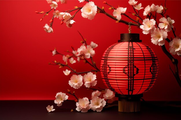 happy chinese new year sakura flowers and traditional lantern on red