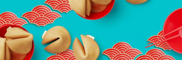 Happy Chinese new year web banner.   Red Chopsticks, fortune cookie on blue . 3d rendering illustration.