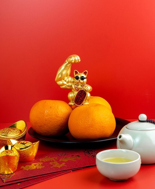 Happy Chinese New Year with Mandarin Oranges Chinese Sentences respectively means good luck.