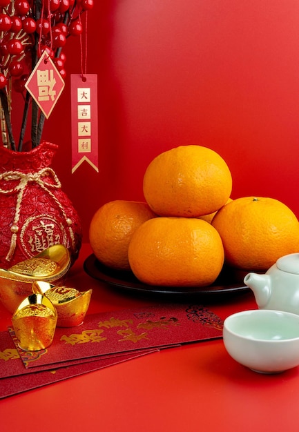 Happy Chinese New Year with Mandarin Oranges Chinese Sentences respectively means good luck.