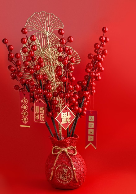 Happy Chinese New Year with red cherry tree, Chinese Sentences respectively means good luck