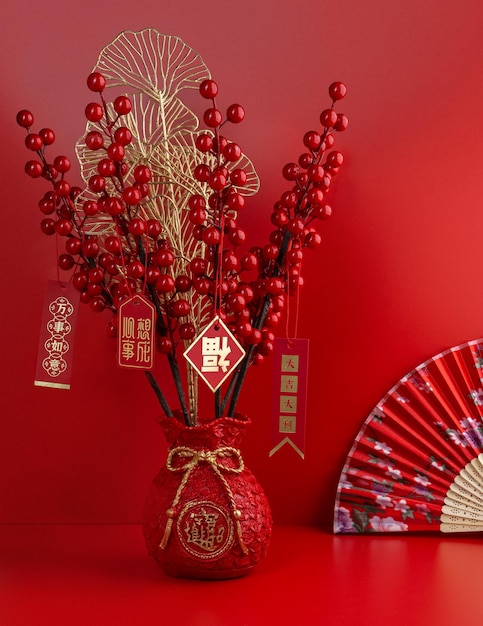 Happy Chinese New Year with red cherry tree, Chinese Sentences respectively means good luck