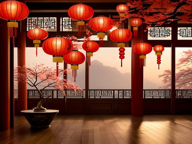 Happy chinese new year with traditional lamps