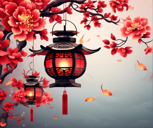 Photo happy chinese new year year of the dragon zodiac sign hanging beautiful lantern and flowers on red