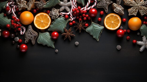 happy Christmas background with the concept of plants and Christmas ornaments on a black background