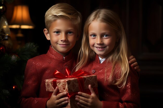 Photo happy christmas celebration excited children with opening beautifully wrapped gifts