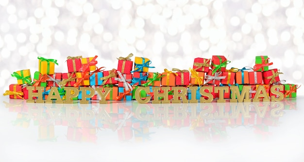 ボケ味の背景にさまざまな色の贈り物の背景にハッピークリスマスゴールデンテキスト
