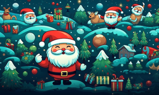 happy christmas illustration doodle style vector illustration with santa claus and christmas objects