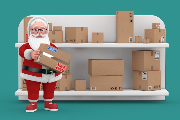 Happy christmas and new year greeting concept cartoon cheerful santa claus granpa in gift warehouse or post office with many parcels 3d rendering