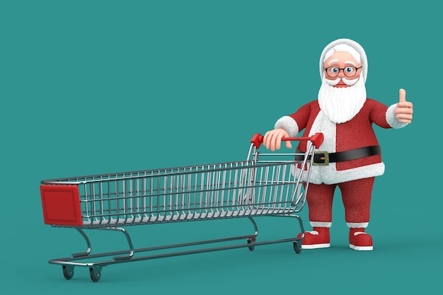 행복 한 크리스마스와 새 해 인사 개념 만화 쾌활 한 산타 클로스 할아버지 매우 길고 큰 쇼핑 카트 트롤리 3d 렌더링으로 엄지손가락을 포기
