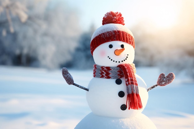 Happy Christmas snowman background in winter snow scene with blurred background