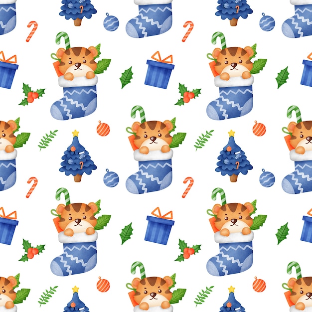 Happy Christmas and Year of tiger 2022 seamless pattern .