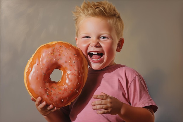 글레이즈드 도넛을 들고 있는 행복한 아이